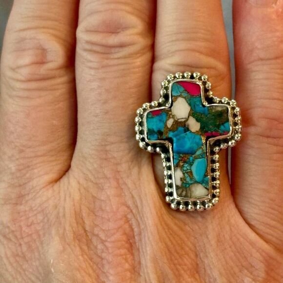 Large Cotton Candy Turquoise Cross Western Statement Ring Sterling Silver Sz 6 - Picture 5 of 6